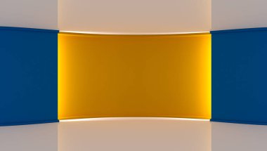 Stüdyo. Yeşil ekran chromakey üretimleri için mükemmel zemin. Beyaz ve mavi arka plan mavi duvar. Sarı duvar. 3D. 3d render