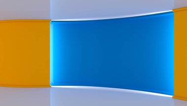 Stüdyo. Yeşil ekran chromakey üretimleri için mükemmel zemin. Beyaz ve mavi arka plan mavi duvar. Sarı duvar. 3D. 3d render