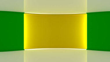 yeşil ekran chromakey üretimleri için. Sarı ve yeşil arka plan, sarı duvar. Yeşil duvar. 3D. 3d render