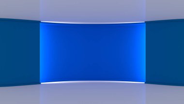 Stüdyo. Yeşil ekran chromakey üretimleri için mükemmel zemin. Mavi arka plan. Parlak arka plan. Mavi duvar. 3D. 3d render