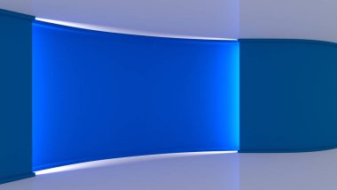 Stüdyo. Yeşil ekran chromakey üretimleri için mükemmel zemin. Mavi arka plan. Parlak arka plan. Mavi duvar. 3D. 3d render