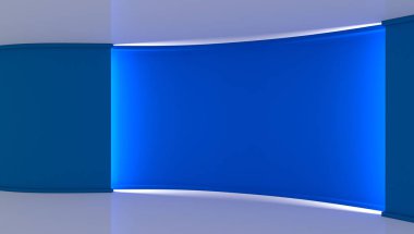 Stüdyo. Yeşil ekran chromakey üretimleri için mükemmel zemin. Mavi arka plan. Parlak arka plan. Mavi duvar. 3D. 3d render