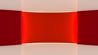 Stüdyo. Yeşil ekran chromakey üretimleri için mükemmel zemin. Kırmızı arka plan. Parlak arka plan. Kırmızı duvar. 3D. 3d render