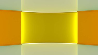 Stüdyo. Yeşil ekran chromakey üretimleri için mükemmel zemin. Sarı arka plan, parlak arka plan. Sarı duvar. 3D. 3d render