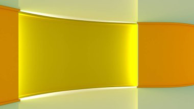Stüdyo. Yeşil ekran chromakey üretimleri için mükemmel zemin. Sarı arka plan, parlak arka plan. Sarı duvar. 3D. 3d render
