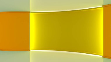 Stüdyo. Yeşil ekran chromakey üretimleri için mükemmel zemin. Sarı arka plan, parlak arka plan. Sarı duvar. 3D. 3d render