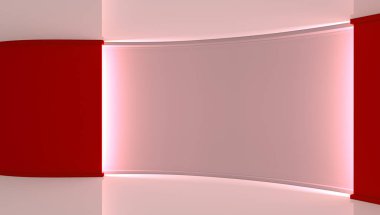 Stüdyo. Yeşil ekran chromakey üretimleri için mükemmel zemin. Beyaz ve kırmızı arka plan, beyaz duvar. Kırmızı duvar. 3D. 3d render