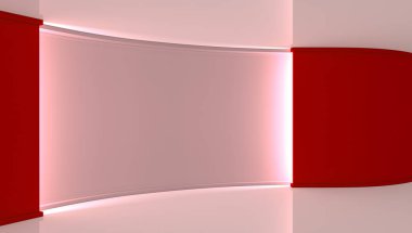 Stüdyo. Yeşil ekran chromakey üretimleri için mükemmel zemin. Beyaz ve kırmızı arka plan, beyaz duvar. Kırmızı duvar. 3D. 3d render