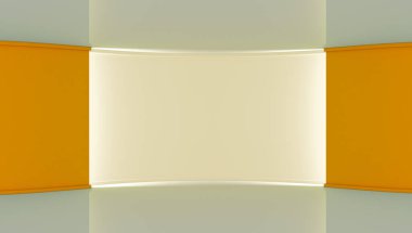 Stüdyo. Yeşil ekran chromakey üretimleri için mükemmel zemin. Beyaz ve sarı arka plan, beyaz duvar. Sarı duvar. 3D. 3d render