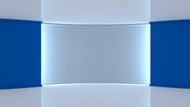 Stüdyo. Yeşil ekran chromakey üretimleri için mükemmel zemin. Mavi arka plan, beyaz duvar beyaz. Mavi duvar. 3D. 3d render