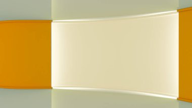 Stüdyo. Yeşil ekran chromakey üretimleri için mükemmel zemin. Beyaz ve sarı arka plan, beyaz duvar. Sarı duvar. 3D. 3d render