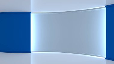 Stüdyo. Yeşil ekran chromakey üretimleri için mükemmel zemin. Mavi arka plan, beyaz duvar beyaz. Mavi duvar. 3D. 3d render