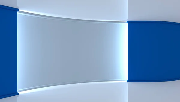 Stüdyo. Yeşil ekran chromakey üretimleri için mükemmel zemin. Mavi arka plan, beyaz duvar beyaz. Mavi duvar. 3D. 3d render