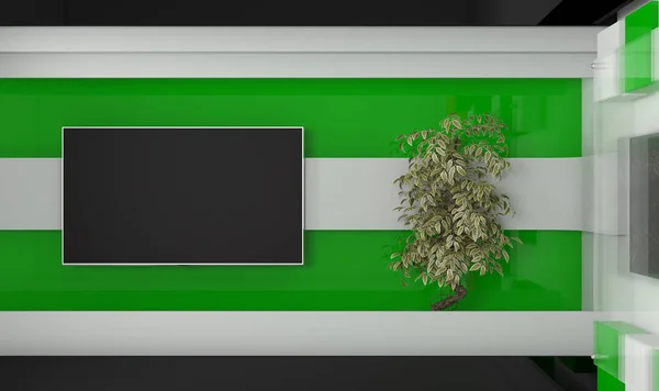 TV-Studio. Decor voor Tv toont. TV op de muur. Nieuws-studio. Het perfecte decor voor een groen scherm of Chromakey belangrijke video of foto productie. 3D render. — Stockfoto