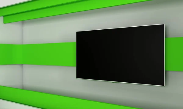 Fernsehstudio. Hintergrund für TV-Shows .tv an der Wand. Nachrichtenstudio. die perfekte Kulisse für jede Green Screen- oder Chroma-Keyvideo- oder Fotoproduktion. 3D-Darstellung. — Stockfoto