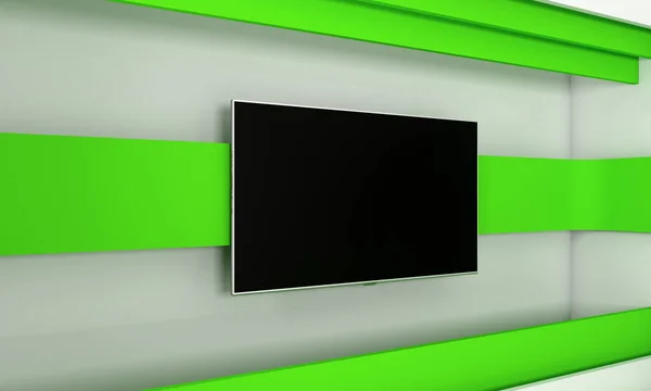 Estudio de TV. Fondo para programas de televisión .TV en la pared. Estudio de noticias. El telón de fondo perfecto para cualquier pantalla verde o croma clave de vídeo o producción de fotos. 3d renderizar . — Foto de Stock