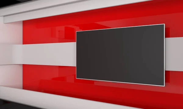 TV-Studio. Decor voor Tv toont. TV op de muur. Nieuws-studio. Het perfecte decor voor een groen scherm of Chromakey belangrijke video of foto productie. 3D render. — Stockfoto