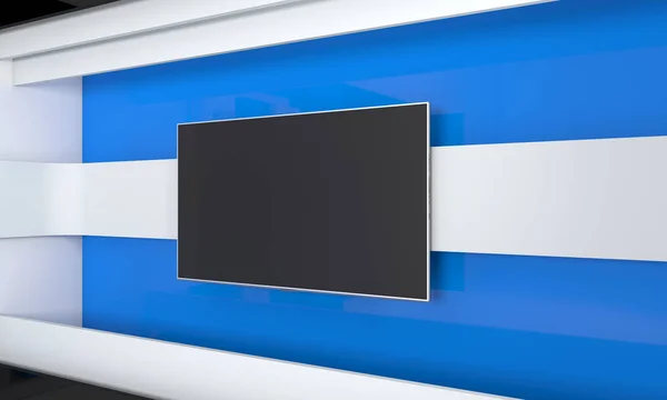 Estudio de TV. Fondo para programas de televisión .TV en la pared. Estudio de noticias. El telón de fondo perfecto para cualquier pantalla verde o croma clave de vídeo o producción de fotos. 3d renderizar . —  Fotos de Stock