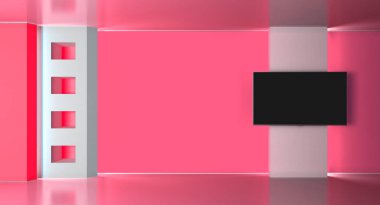 TV stüdyo. Haber studio.3d işleme. Yeşil ekran veya chroma anahtar video veya fotoğraf üretimleri için zemin.