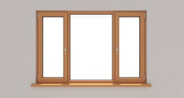 Pencere. Beyaz duvar. İzole pencere. Ahşap pencere. 3D. 3d rende