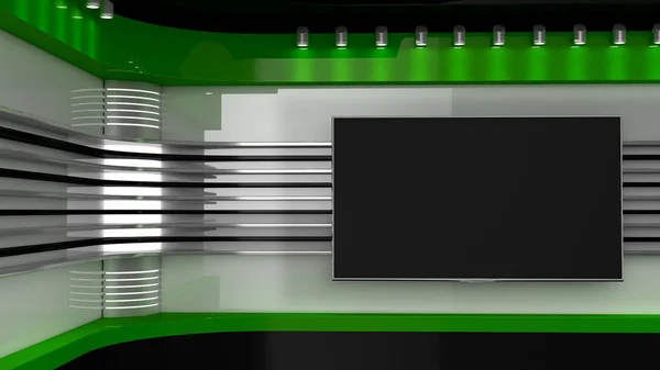 Televizní Studio. Zelená studio. Pozadí pro Tv ukazuje. TV na zdi. Novinky — Stock fotografie
