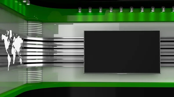 Televizní Studio. Zelená studio. Pozadí pro Tv ukazuje. TV na zdi. Novinky — Stock fotografie