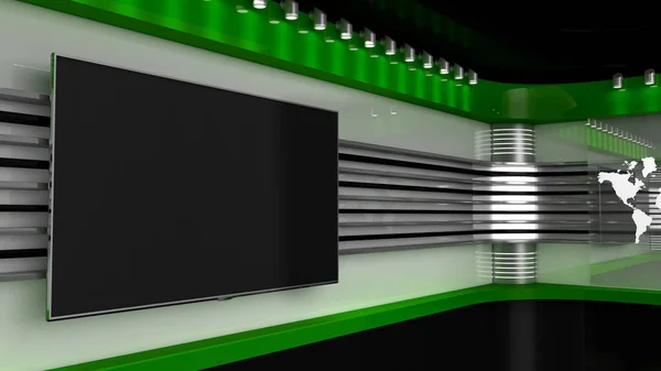 Fernsehstudio. grünes Atelier. Hintergrund für TV-Shows .tv an der Wand. Nachrichten — Stockfoto