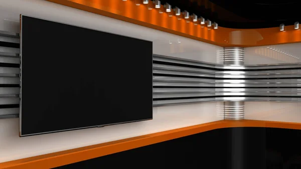电视演播室。橙色的工作室。电视的背景显示。墙上的电视。新增功能 — 图库照片