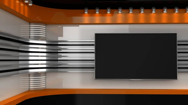 Televizní Studio. Oranžový studio. Pozadí pro Tv ukazuje. TV na zdi. Nové — Stock fotografie