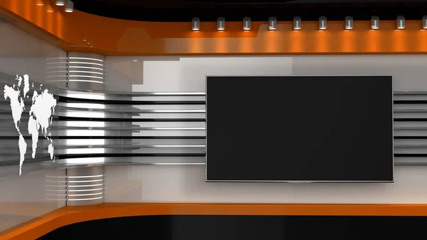 Τηλεοπτικό στούντιο. Στούντιο πορτοκάλι. Σκηνικό για τηλεόραση δείχνει. Τηλεόραση στον τοίχο. Νέα — Φωτογραφία Αρχείου