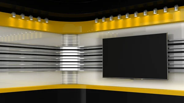 Τηλεοπτικό στούντιο. Κίτρινο studio. Σκηνικό για τηλεόραση δείχνει. Τηλεόραση στον τοίχο. Νέα — Φωτογραφία Αρχείου