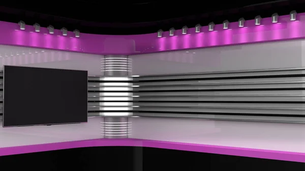 Tv Studio. Orange studio. Backdrop for TV shows .TV on wall. News studio. The perfect backdrop for any green screen or chroma key video or photo production. 3D rendering.