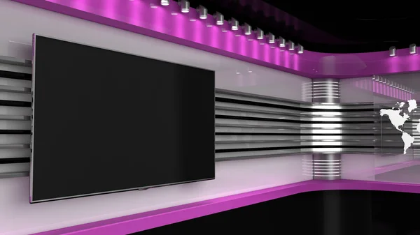 Tv Studio. Orange studio. Backdrop for TV shows .TV on wall. News studio. The perfect backdrop for any green screen or chroma key video or photo production. 3D rendering.