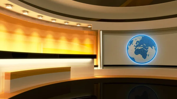 Tv Studio. News studio. Yellow studio. Globe — Stock Photo, Image