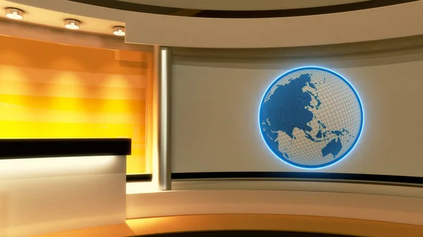 Tv Studio. News studio. Yellow studio. Globe