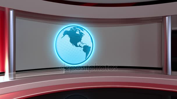 テレビ スタジオ。ニュース スタジオ。スタジオ。速報ニュースの背景。ループ、地球、世界。3 d レンダリング — ストック動画