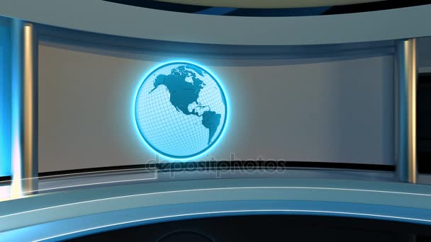 Estudio de TV. Estudio de noticias. Estudio. Últimas noticias. Loop, Earth, Globe. Renderizado 3D — Vídeo de stock