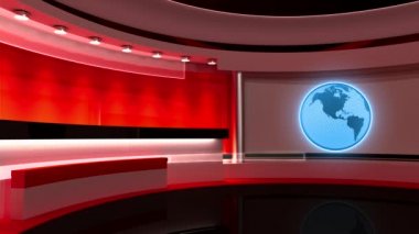 TV Stüdyosu. Haber stüdyosu. Stüdyo. Döngü, Dünya, Küre. Herhangi bir yeşil ekran, krom anahtar video veya fotoğraf çekimi için mükemmel bir zemin. 3B görüntüleme