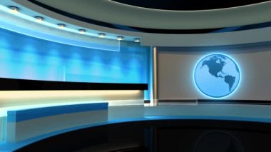 TV Stüdyosu. Haber stüdyosu. Stüdyo. Döngü, Dünya, Küre. Herhangi bir yeşil ekran, krom anahtar video veya fotoğraf çekimi için mükemmel bir zemin. 3B görüntüleme