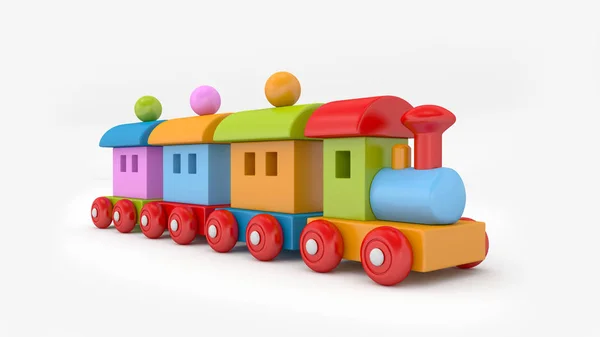 Un trenino giocattolo. Treno giocattolo colorato. Rendering 3D — Foto Stock