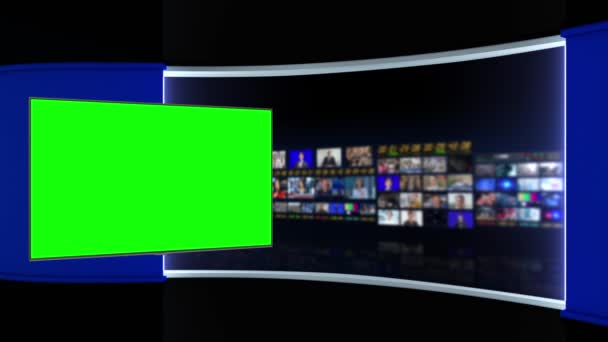 电视演播室工作室 新闻演播室新闻发布室背景 电视台的演播室模糊不清 新闻频道设计 控制室3D渲染 绿色屏幕 — 图库视频影像