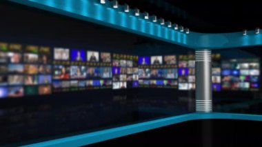 TV Stüdyosu. Stüdyo. Haber stüdyosu. Haber Yayın için Haber Odası Arkaplanı. TV istasyonundaki stüdyoda bulanıklık. Haber kanalı tasarımı. Kontrol odası. 3 boyutlu görüntüleme. Yeşil Ekran