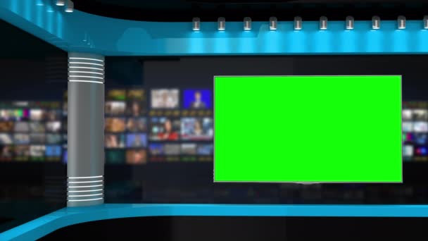 テレビスタジオ スタジオだ ニューススタジオ ニュースルームニュース放送の背景 テレビ局でのスタジオのぼやけ ニュースチャンネルのデザイン 制御室だ 3Dレンダリング 緑の画面 — ストック動画