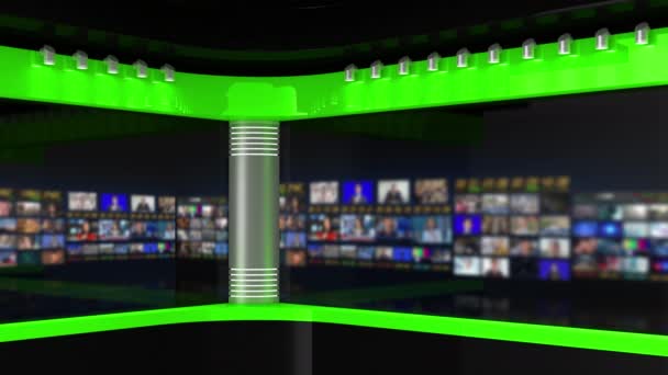 电视演播室工作室 新闻演播室新闻发布室背景 绿色工作室 电视台的演播室模糊不清 新闻频道设计 控制室3D渲染 — 图库视频影像