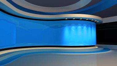 Mavi Stüdyo. Mavi fon. Haber stüdyosu. Herhangi bir yeşil ekran, krom anahtar video veya fotoğraf çekimi için mükemmel bir zemin. Son dakika haberi. 3d oluşturma. 