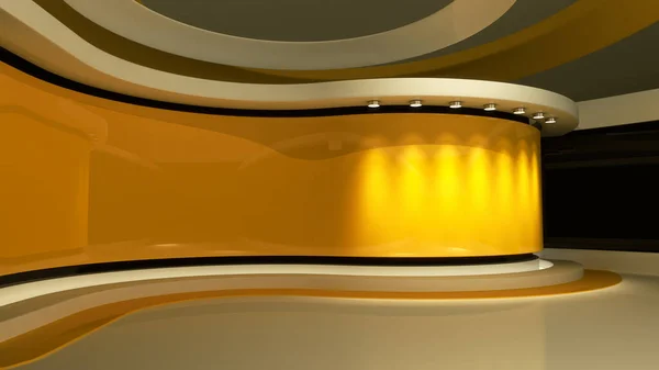 Sarı Stüdyo. Sarı arka plan. Haber stüdyosu. Herhangi bir yeşil ekran, krom anahtar video veya fotoğraf çekimi için mükemmel bir zemin. Son dakika haberi. 3d oluşturma. 