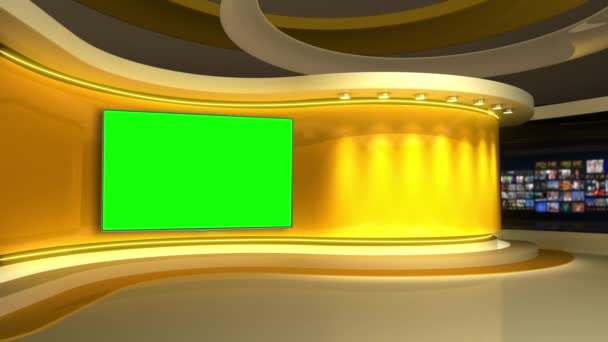 工作室 新闻演播室黄色工作室 新闻发布室任何绿色屏幕或彩色键视频制作的完美背景 3D渲染 — 图库视频影像