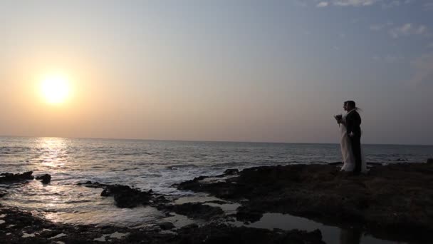 Mariée Marié Regardant Coucher Soleil Sur Plage Après Leur Mariage — Video