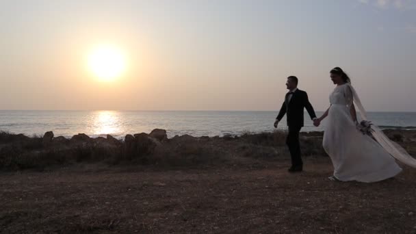 Novia Novio Viendo Puesta Sol Playa Después Boda Cámara Lenta — Vídeos de Stock