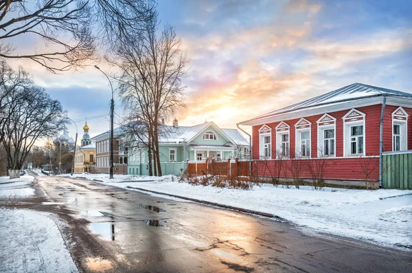 Wooden Houses Vologda Kremlin Background Dawn Sunny Sky Winter Morning — Stock Photo, Image